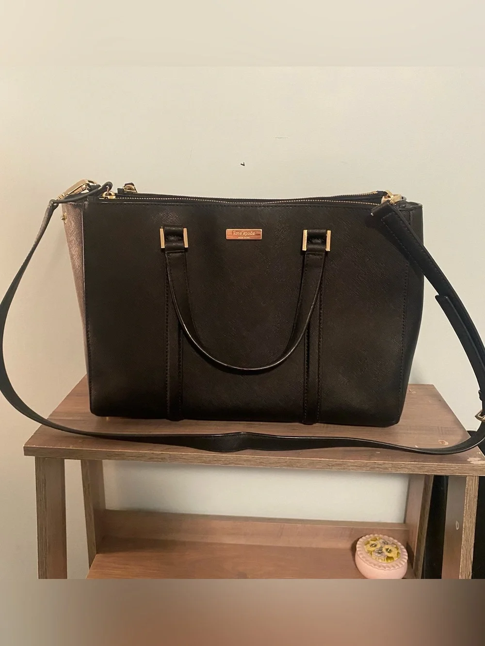 kate spade Black Leather Tote with Gold Hardware